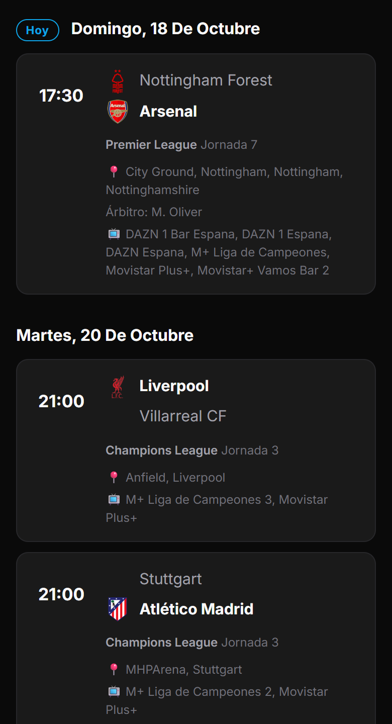 Lista de próximos partidos de tus equipos en el móvil, con hora, estadio y canales de TV